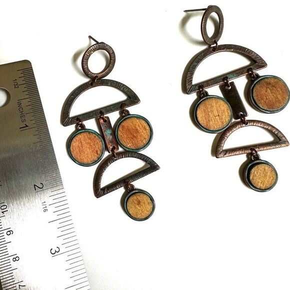 Copper geometric drop earrings - Picture 3 of 11